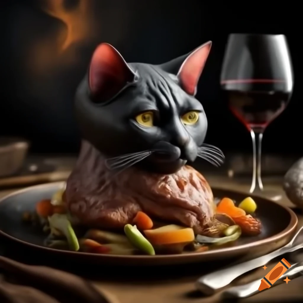 Cat head on plate with roast vegetables and wine in post-apocalyptic setting