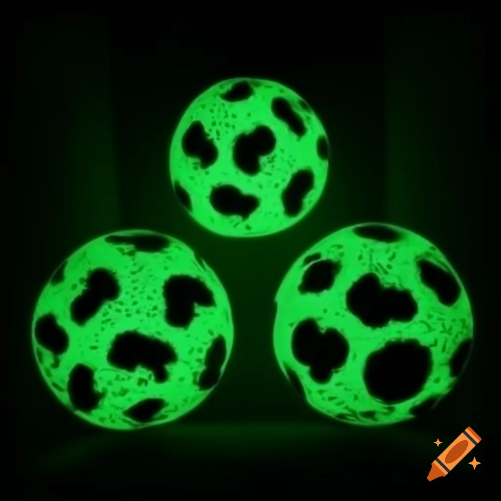 Five green fluorescent spheres in space with irregular black spots