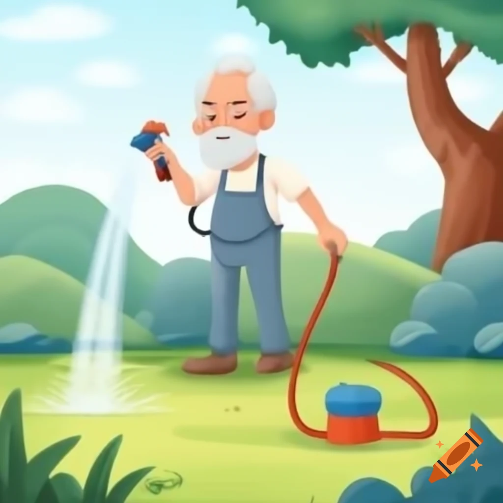 Cartoon illustration of old man watering garden with hose