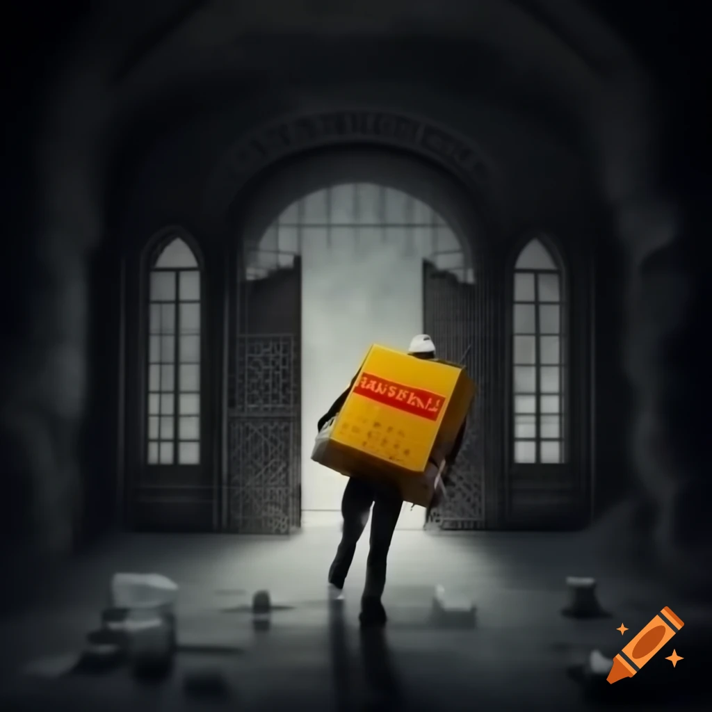 DHL delivery man approaching spooky old castle with ghosts peeking out