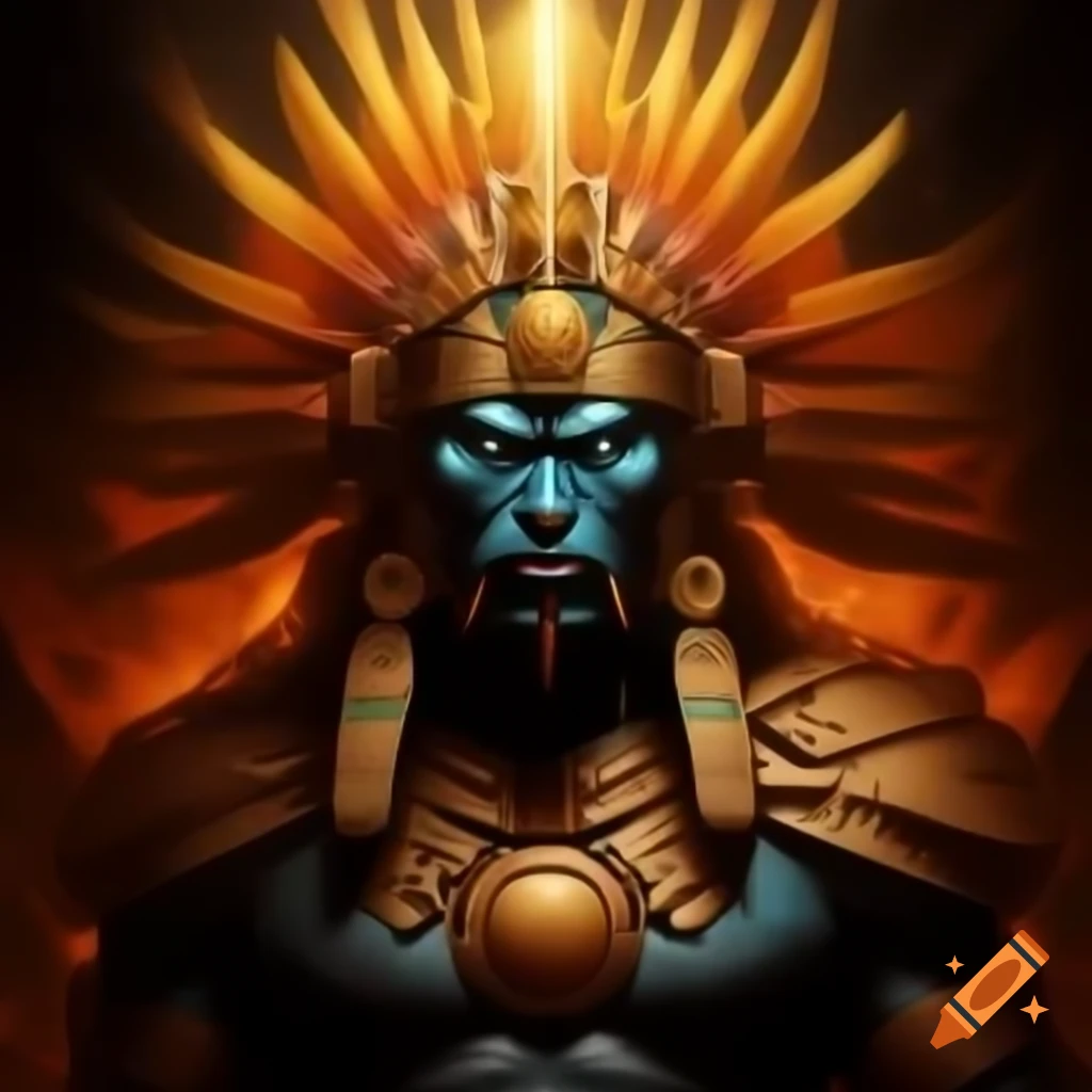 Aztec warrior with golden armor and blue skin embodying the power of sun and fire
