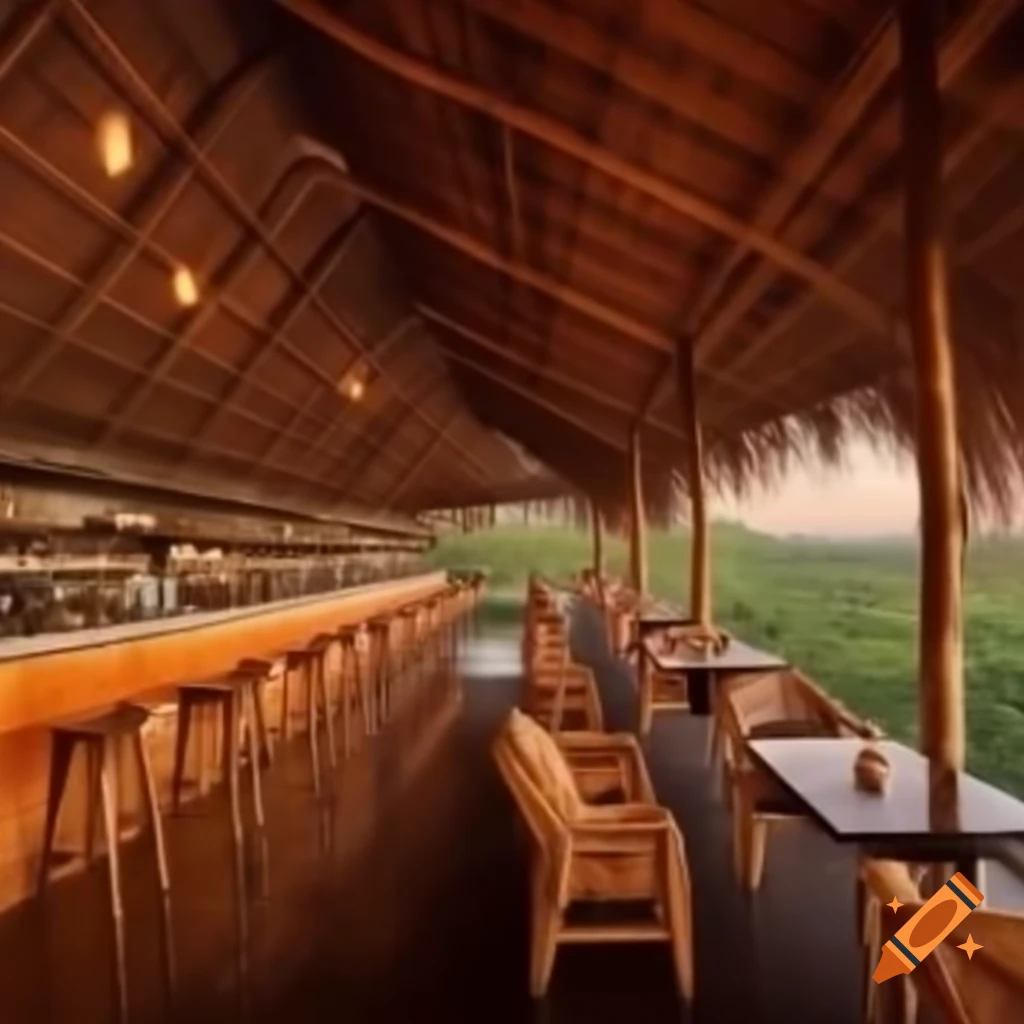 Driving range with bamboo lounge and bar overlooking sunset