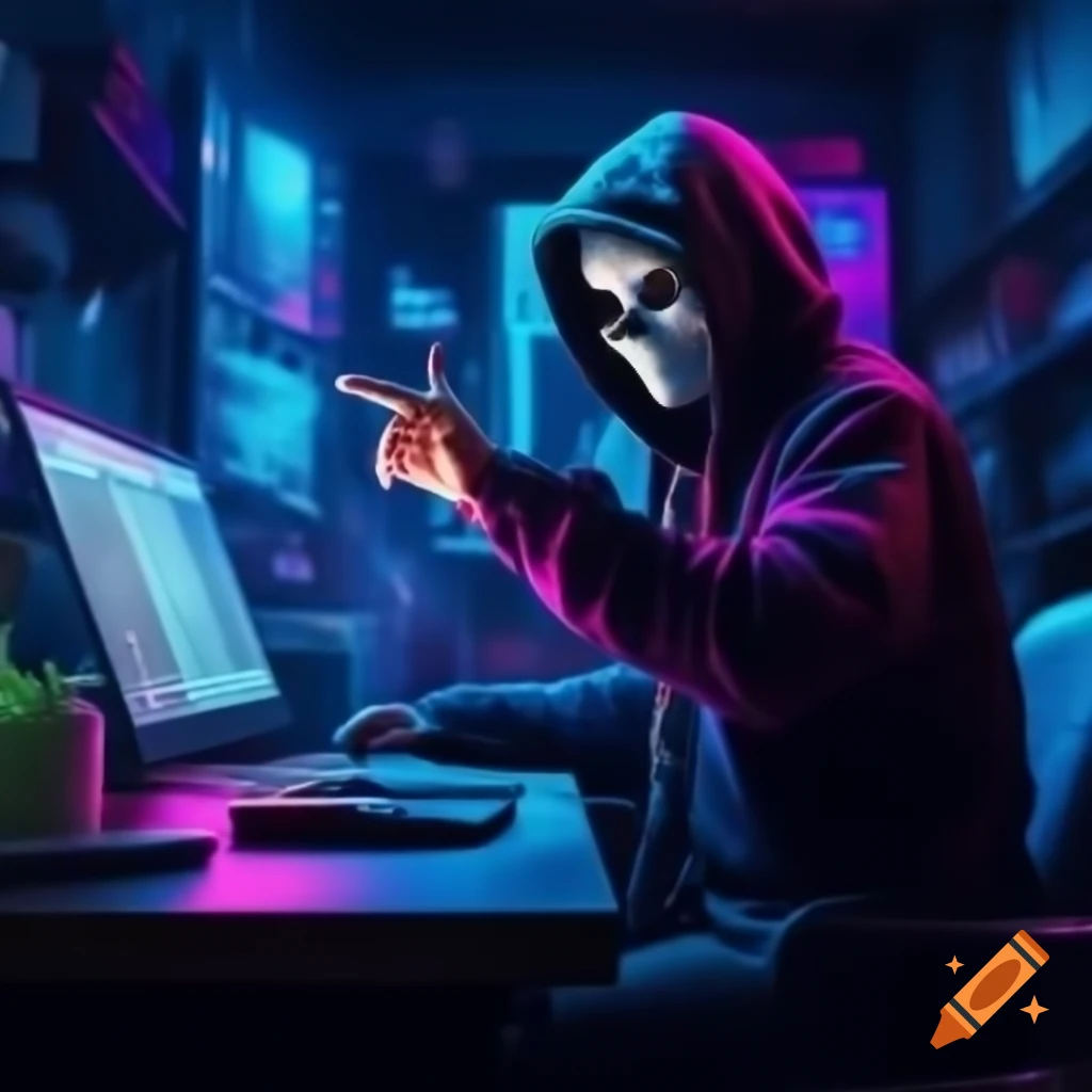Person in hacker mask interacting with computer in neon blue and pink lighting