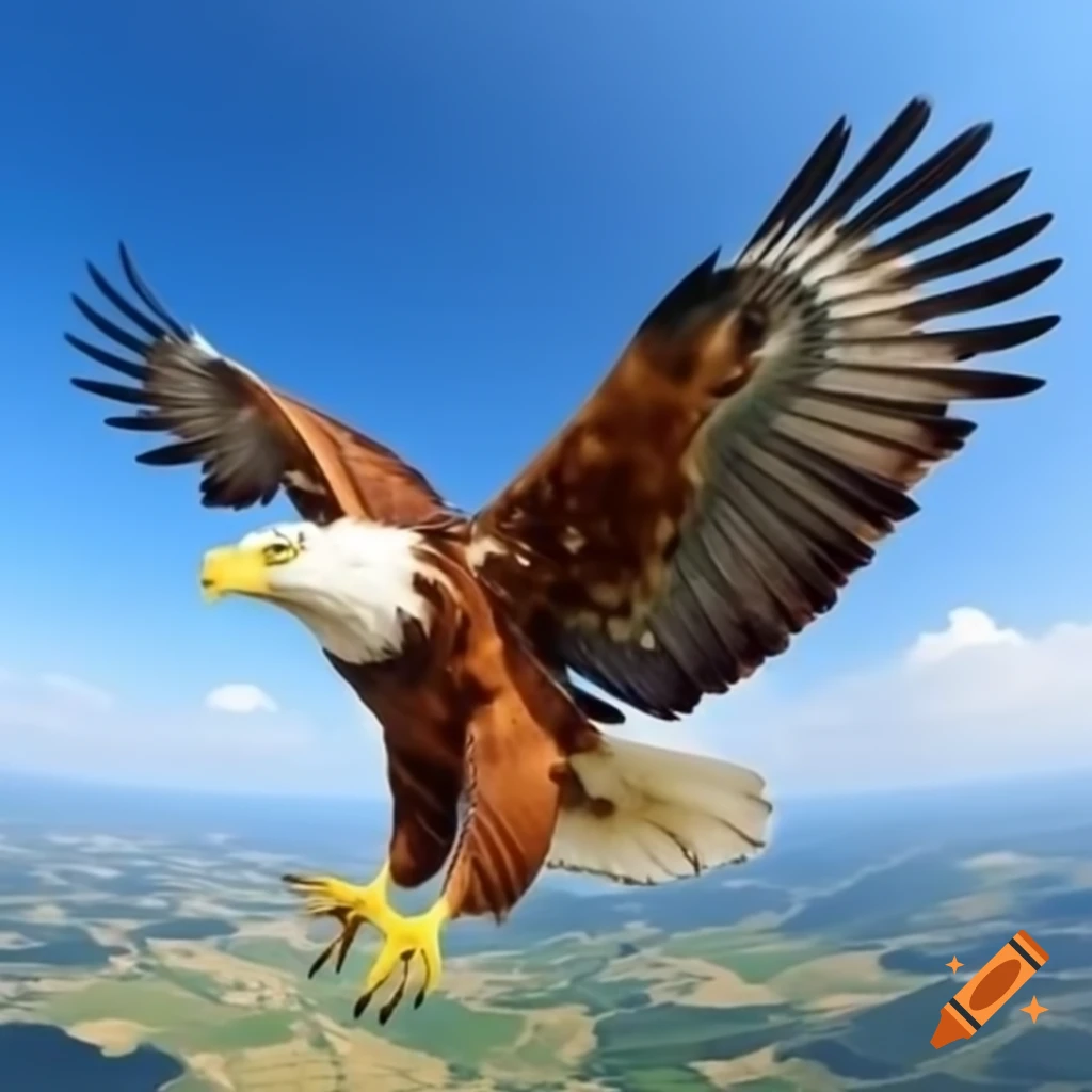 Yellow eagle soaring above Hungarian countryside with outstretched wings
