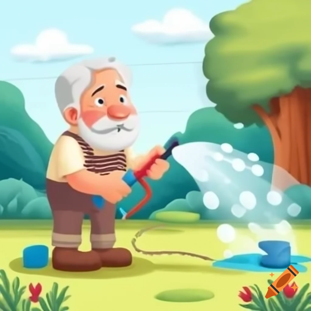 Cartoon of old man watering garden with hose