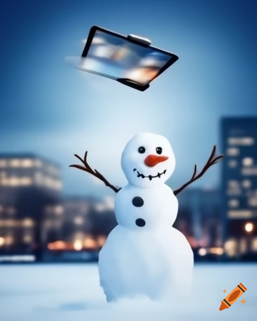 iPad flying away from snowman with cityscape in background