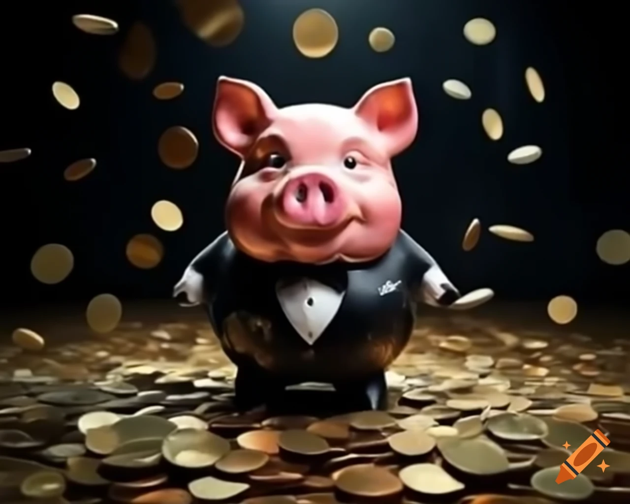 Dapper piggy bank in tuxedo ready for coins