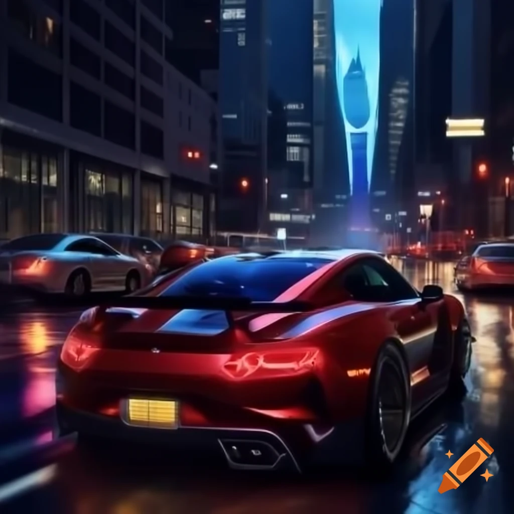 City street at night with red sports car and wet road