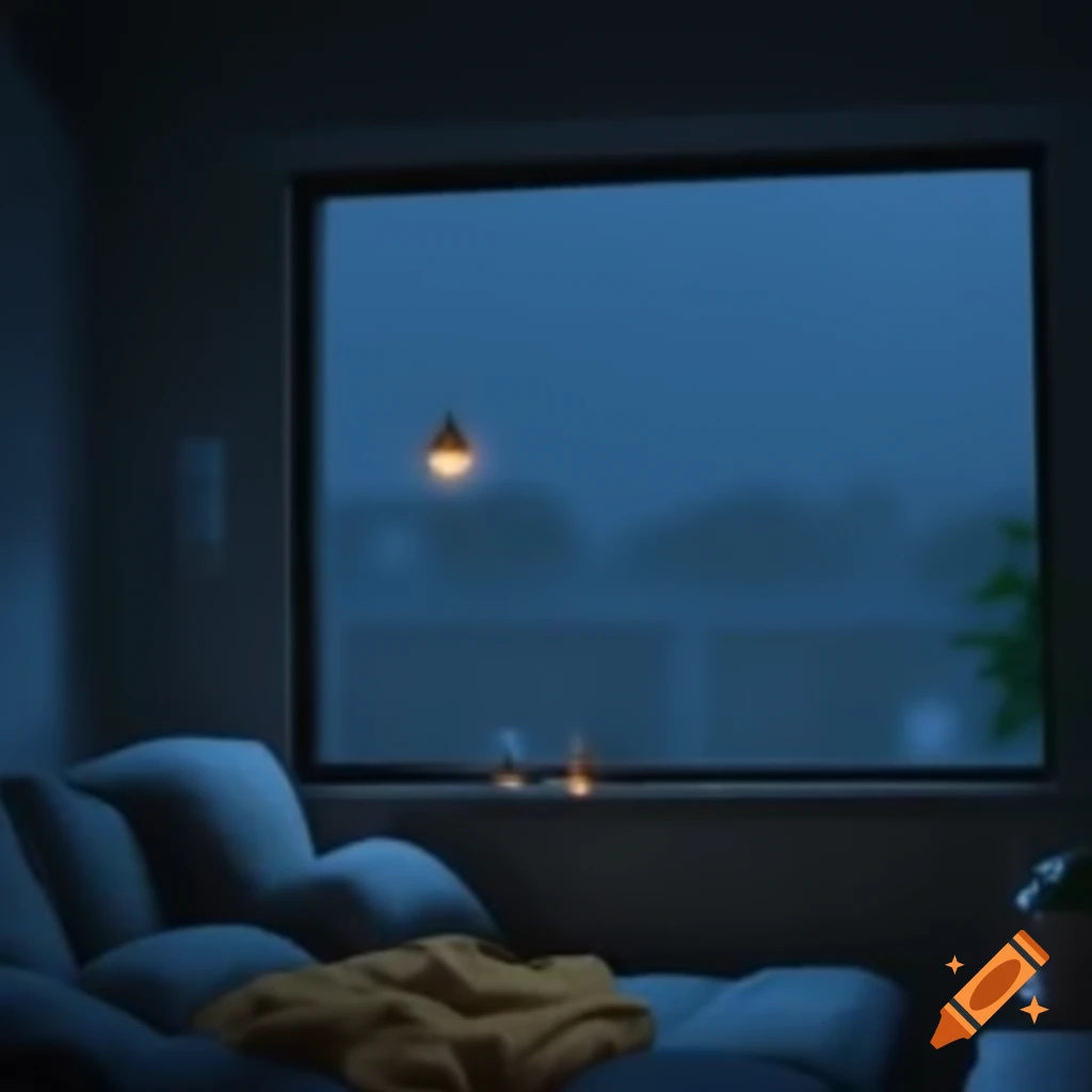 Cozy minimalist living room with rainy night view and warm lighting