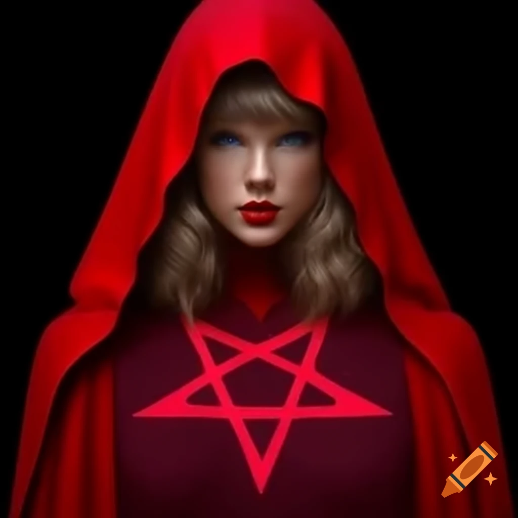Taylor swift in red cloak featuring inverted pentagram design on Craiyon