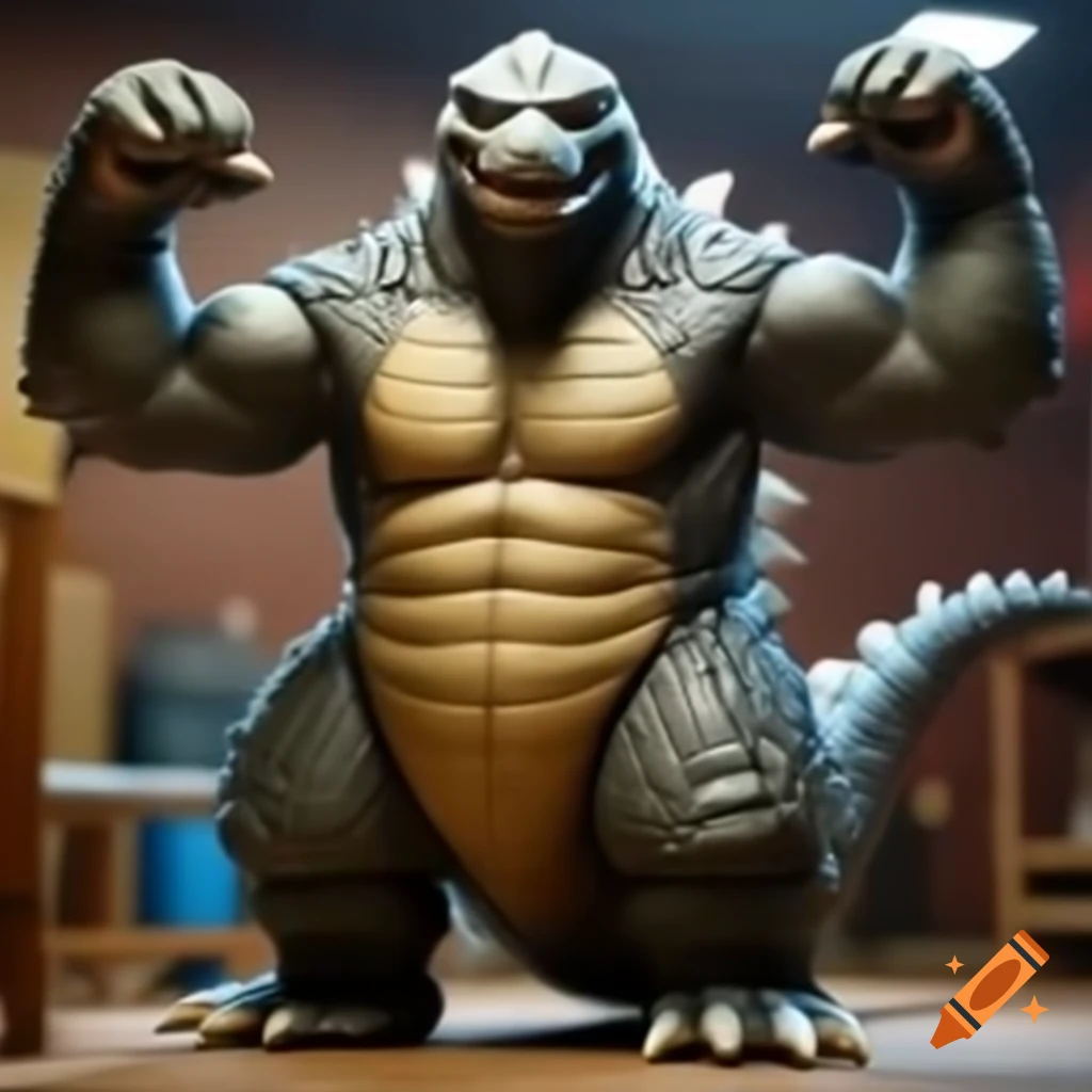 Unexpected kaiju flexing biceps in tank top and flashy sneakers