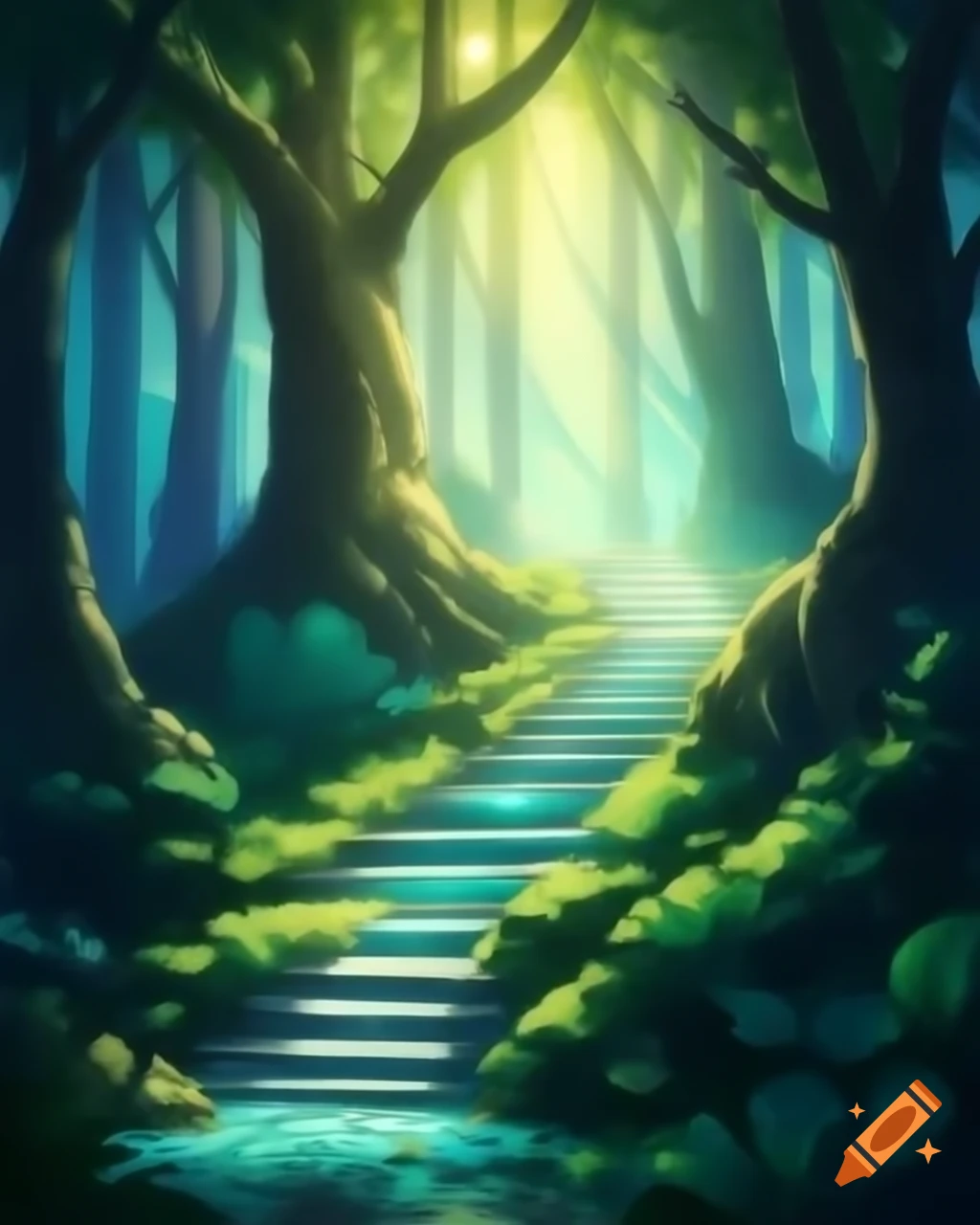 Enchanted forest with stained-glass trees and vibrant leaves