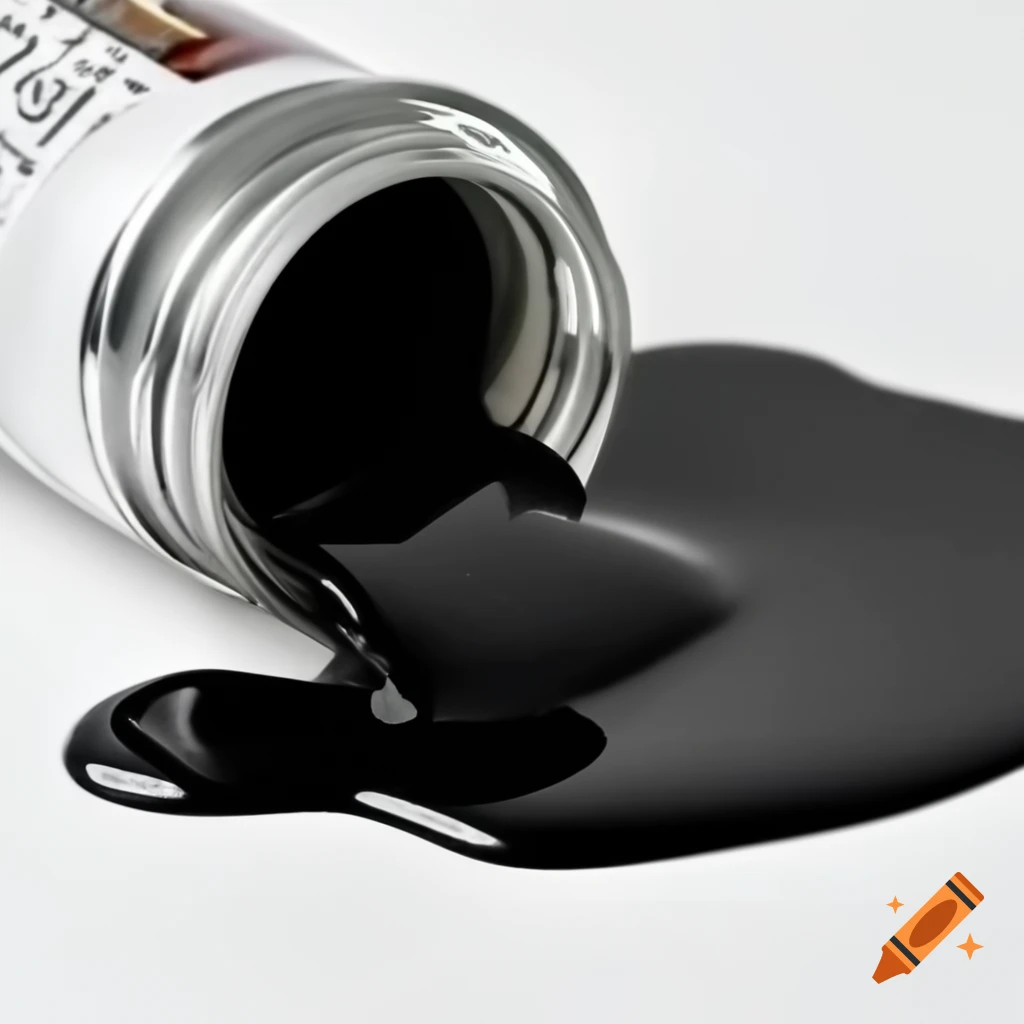 Spilled black paint from can creating a large black spot on white background