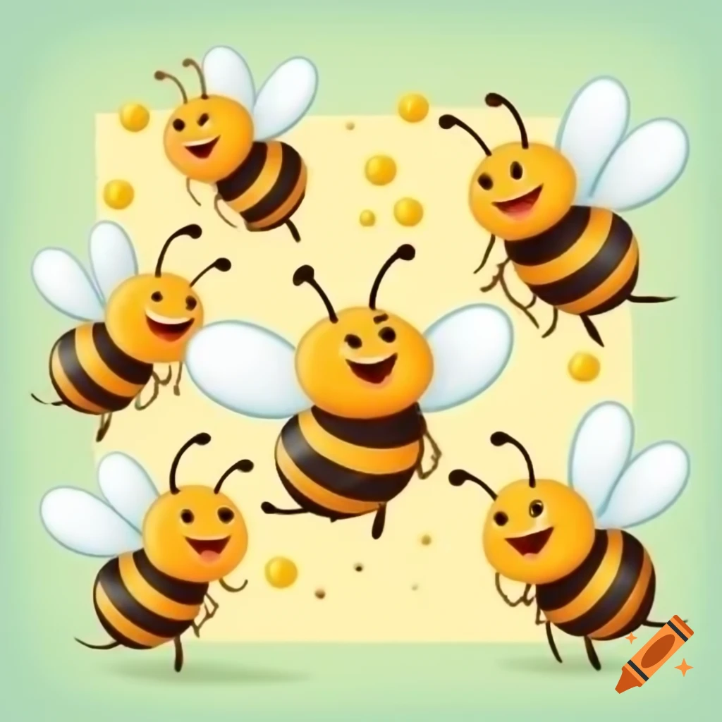 Cheerful cartoon bees huddled together sharing a secret
