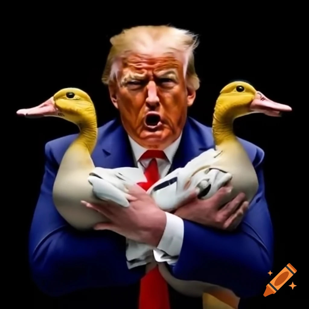 Trump holding a duck while running from angry basketball players