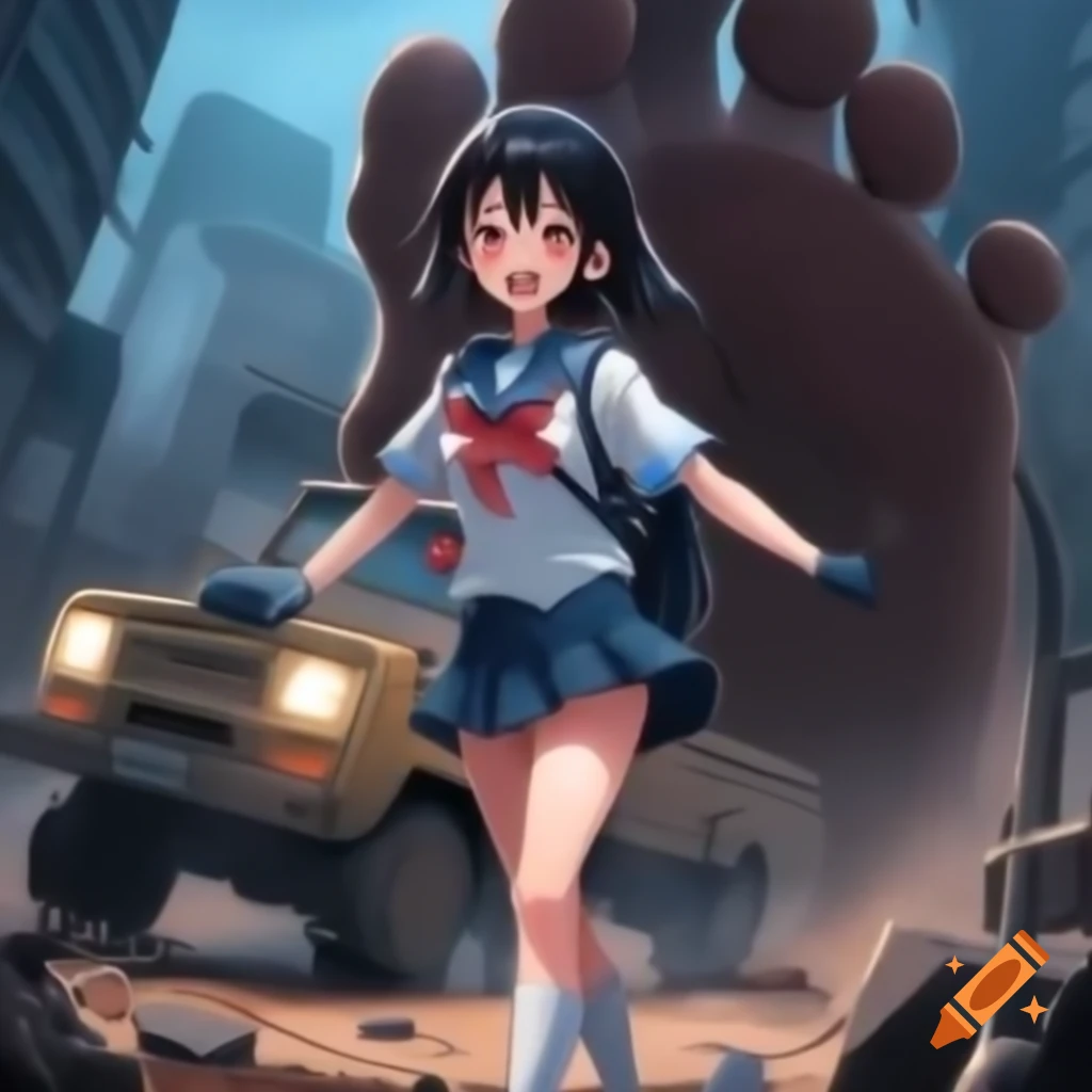 Colossal anime schoolgirl with gleeful grin, foot crushing vehicle