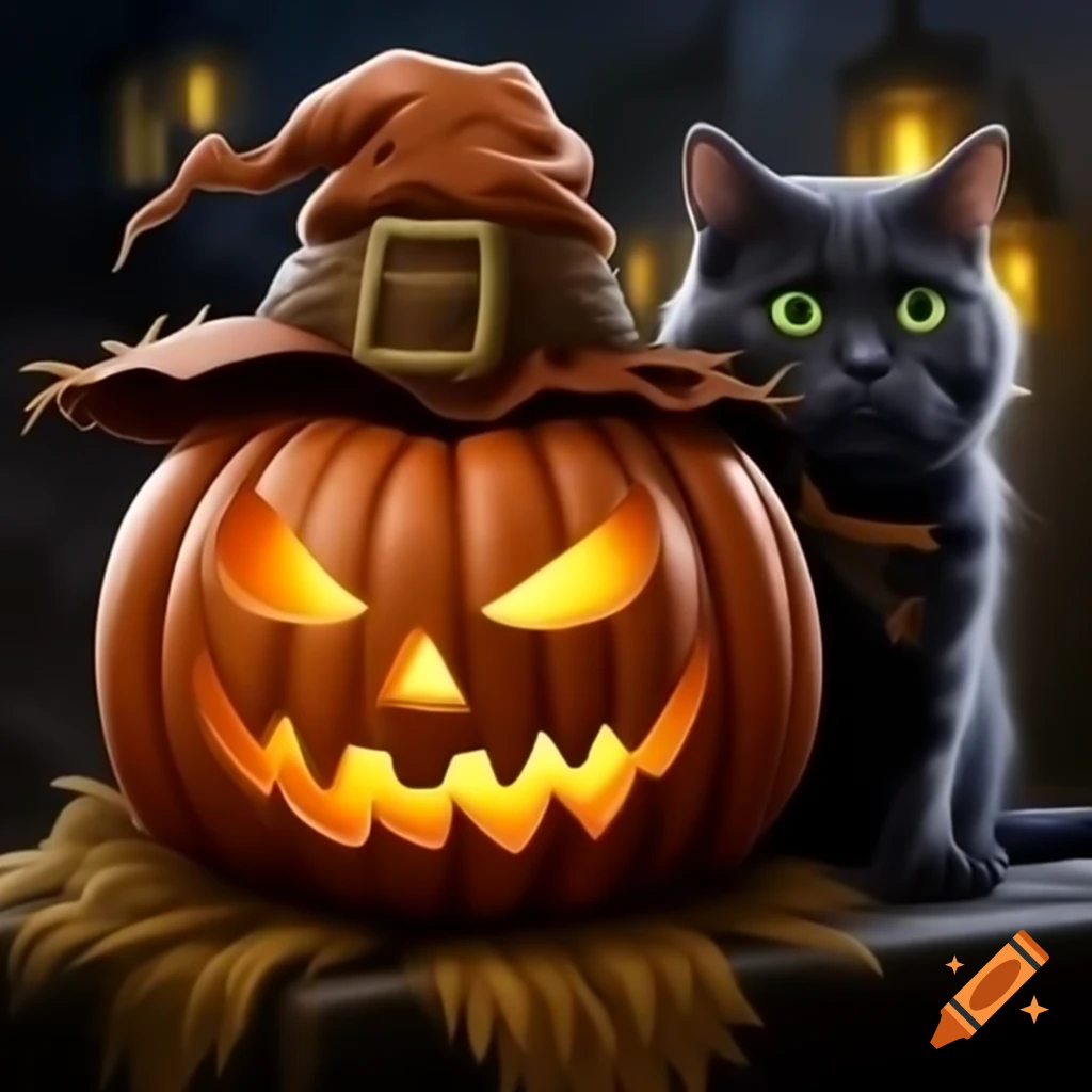 Medieval woodcut of Jack o' lantern scarecrow and black cat with green eyes