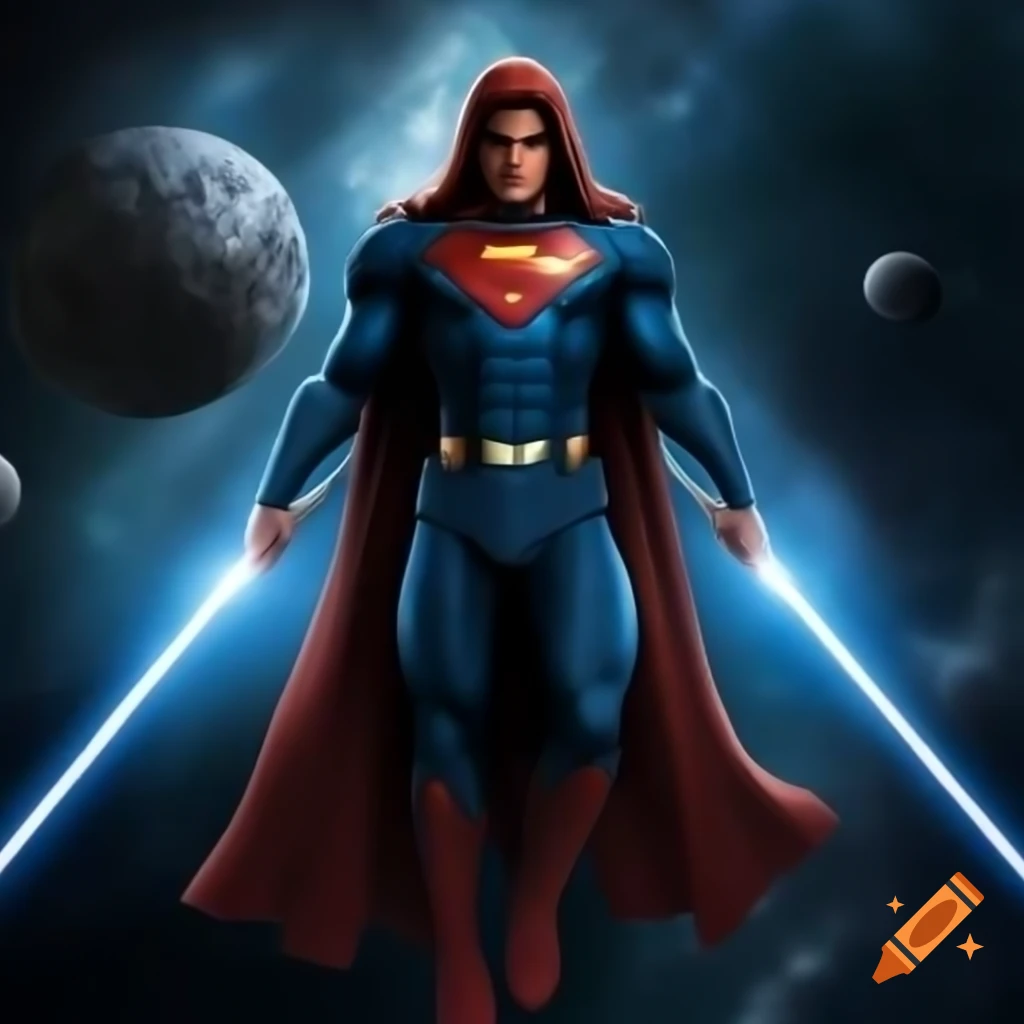 Superman as a Jedi flying in space with lightsabers and powerful aura