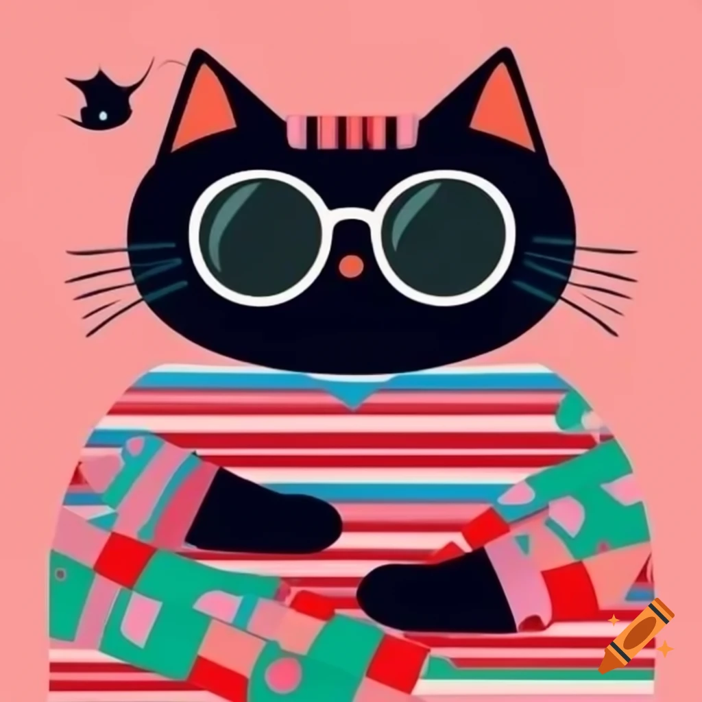 Cartoon art of black cat with pajama stripes and sunglasses