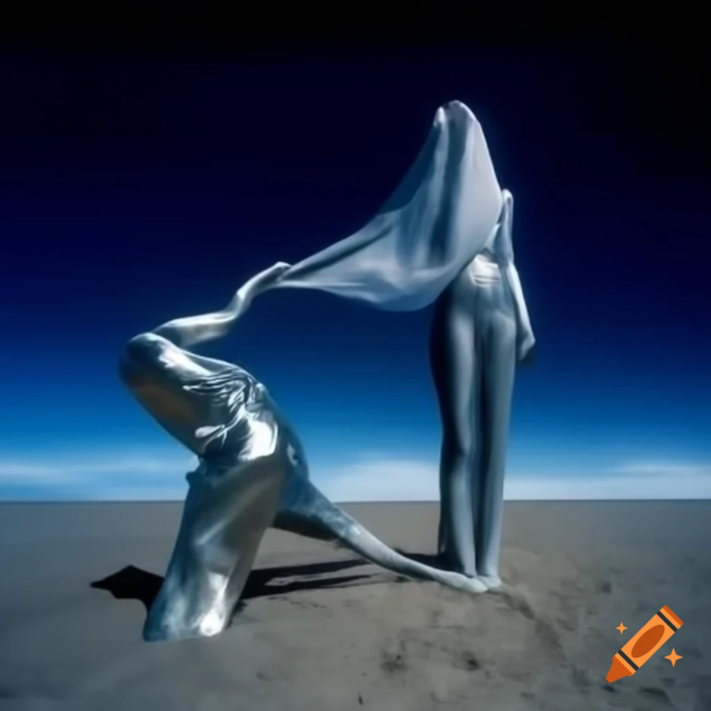 Pop surreal 2000s dreamscape featuring silver statue