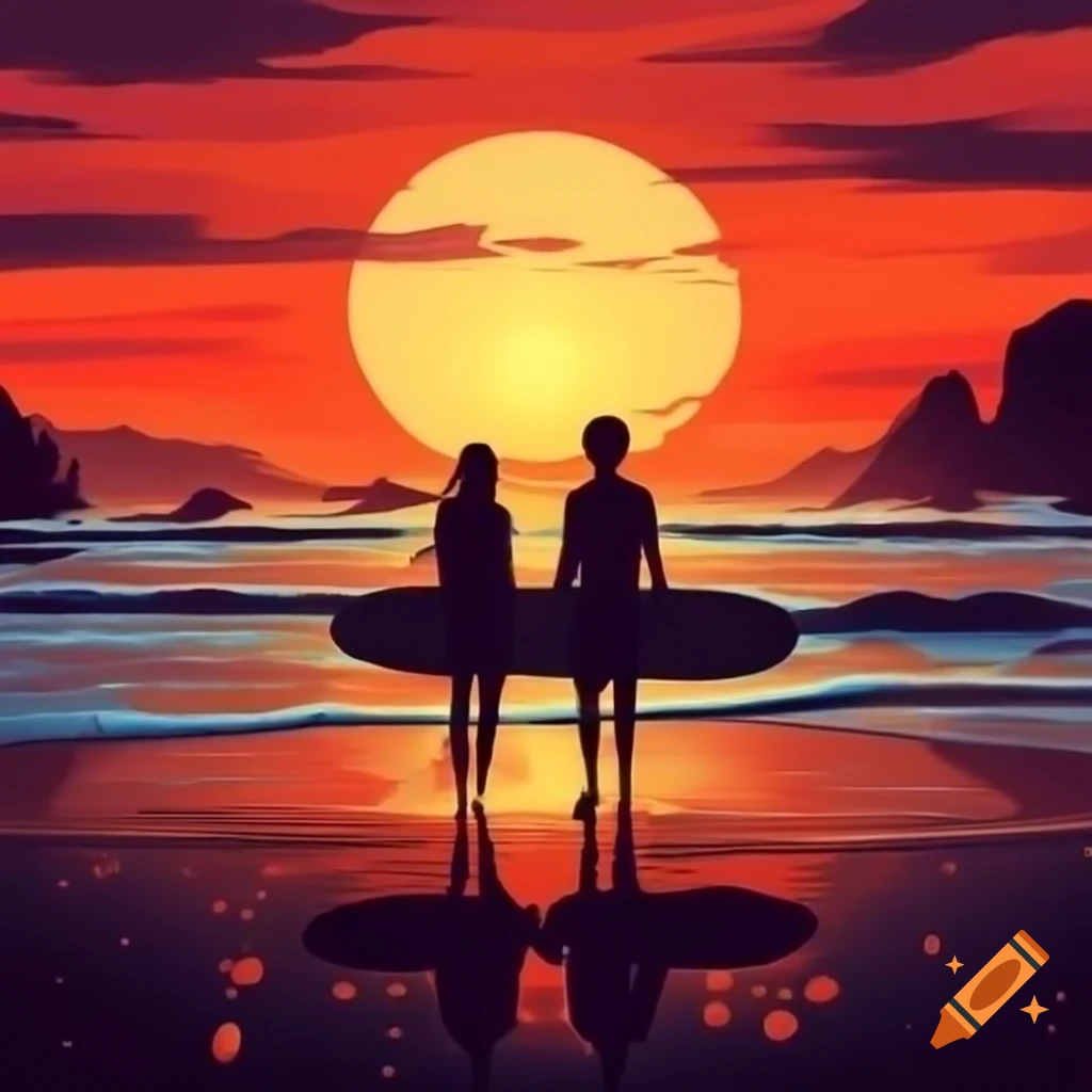 Silhouetted lovers against fiery sunset on beach with longboards