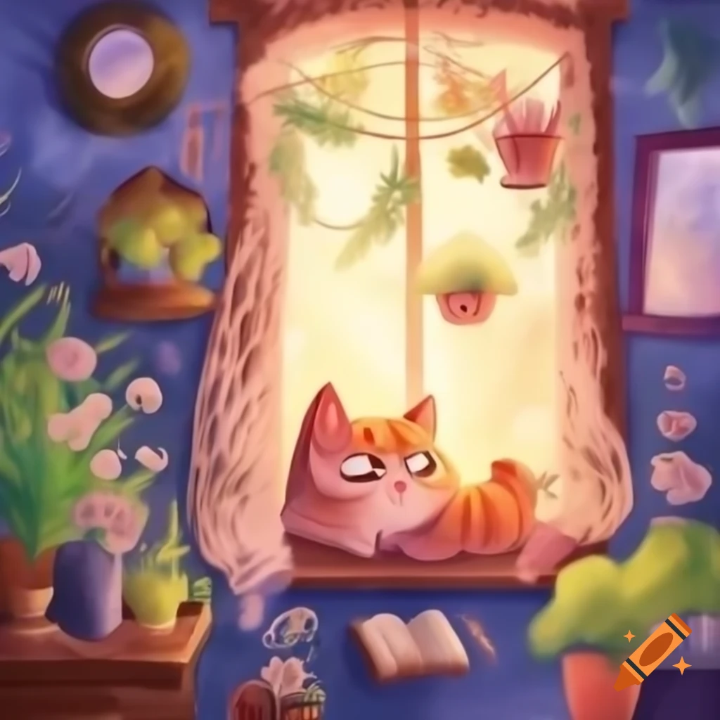 Fluffy cat lounging on windowsill surrounded by plants and books in cottagecore home