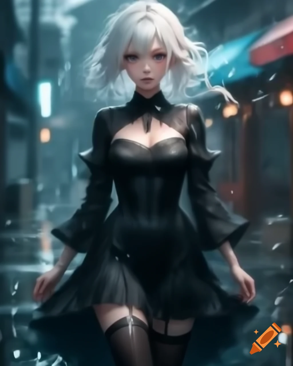 Anime character with white hair in black dress on a rainy day, realistic style