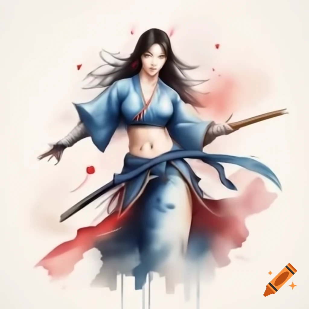 Martial arts heroine with long hair in 1800s Asian-inspired outfit