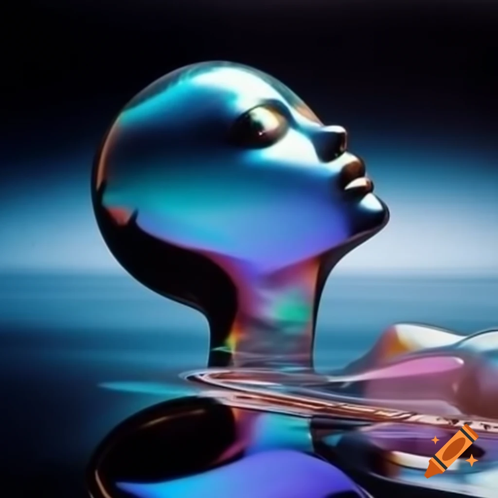 Pop surreal photography featuring iridescent glass statue