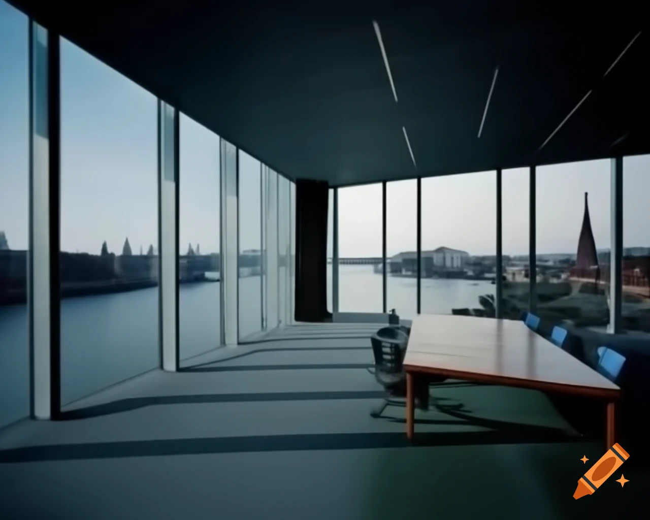 Realistic asymmetric conference room on 10th floor with skyline view of Hamburg