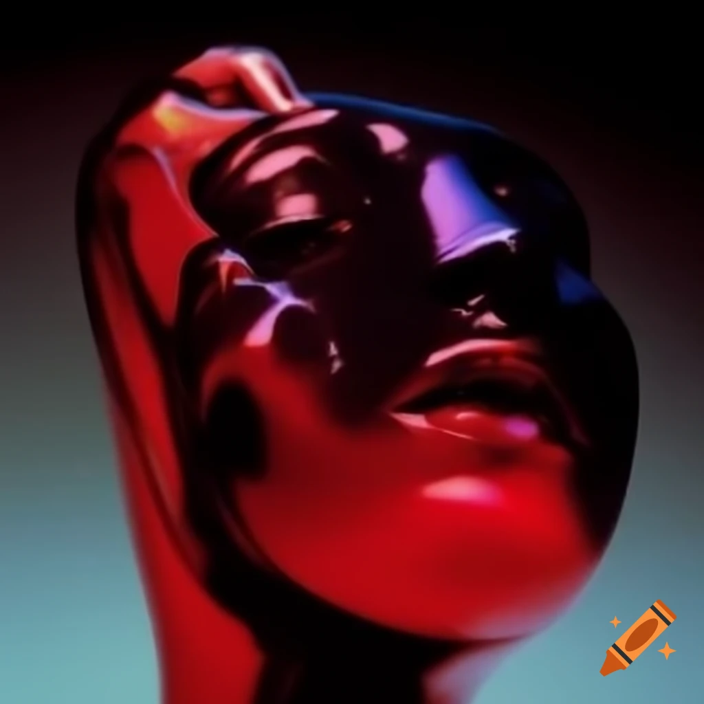 Pop surrealism photography featuring iridescent red glass statue