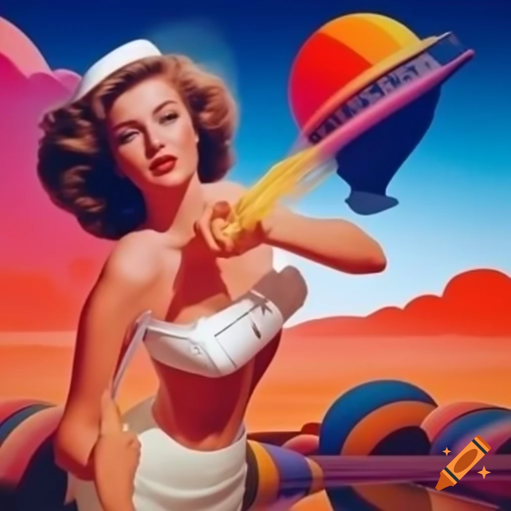 Smiling woman in front of retro-futuristic and colorful background