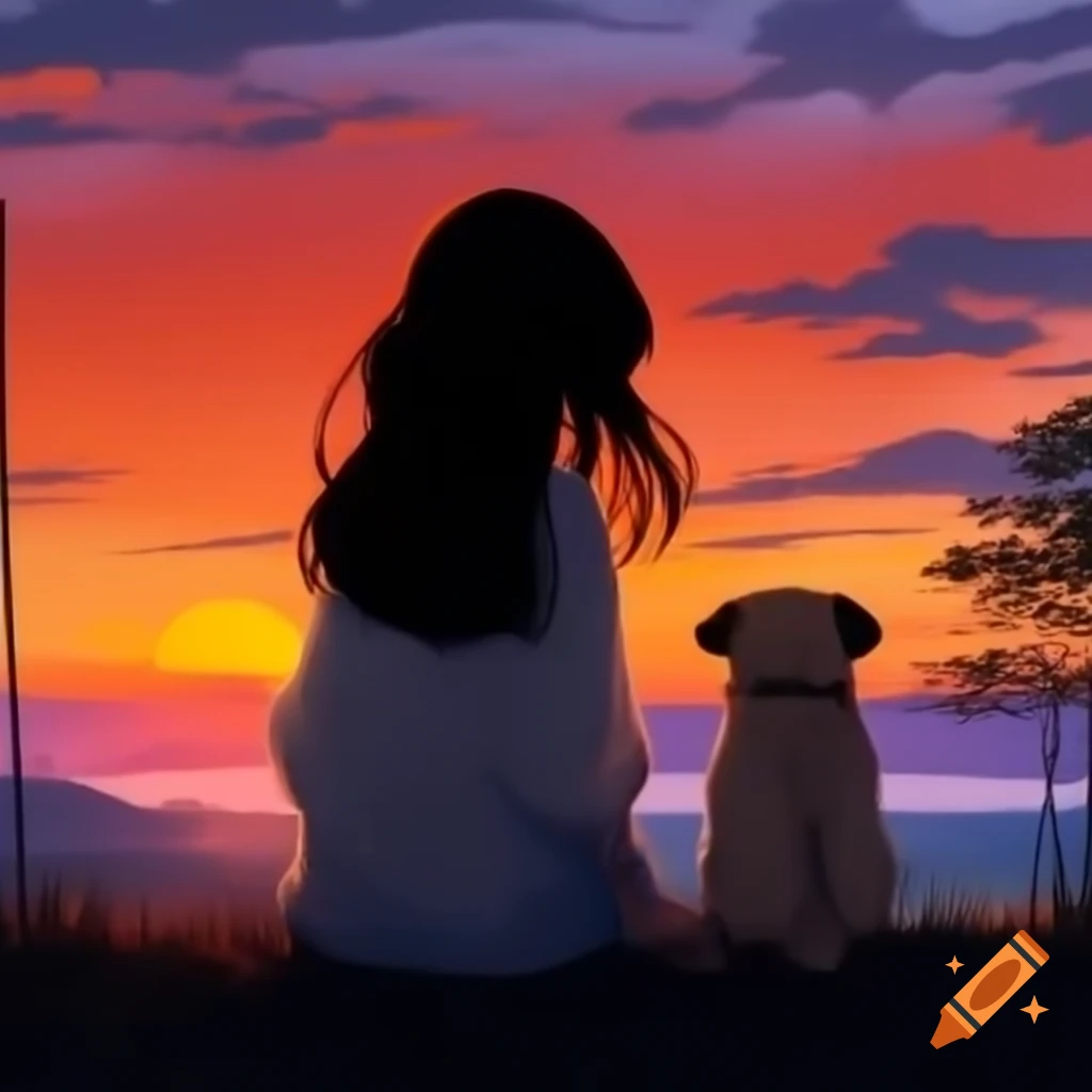 Girl with black hair watching sunset with an angel pug