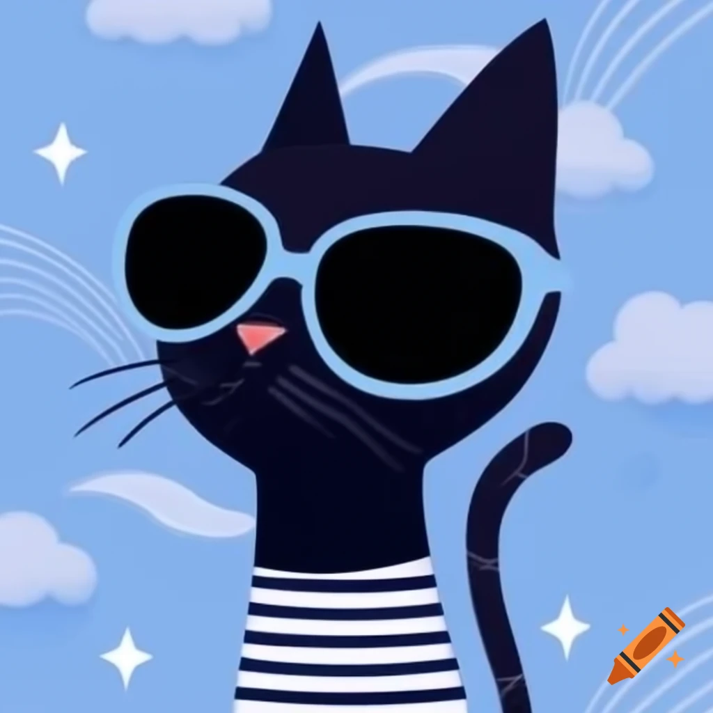 Cartoon art of black cat with pajamas and sunglasses