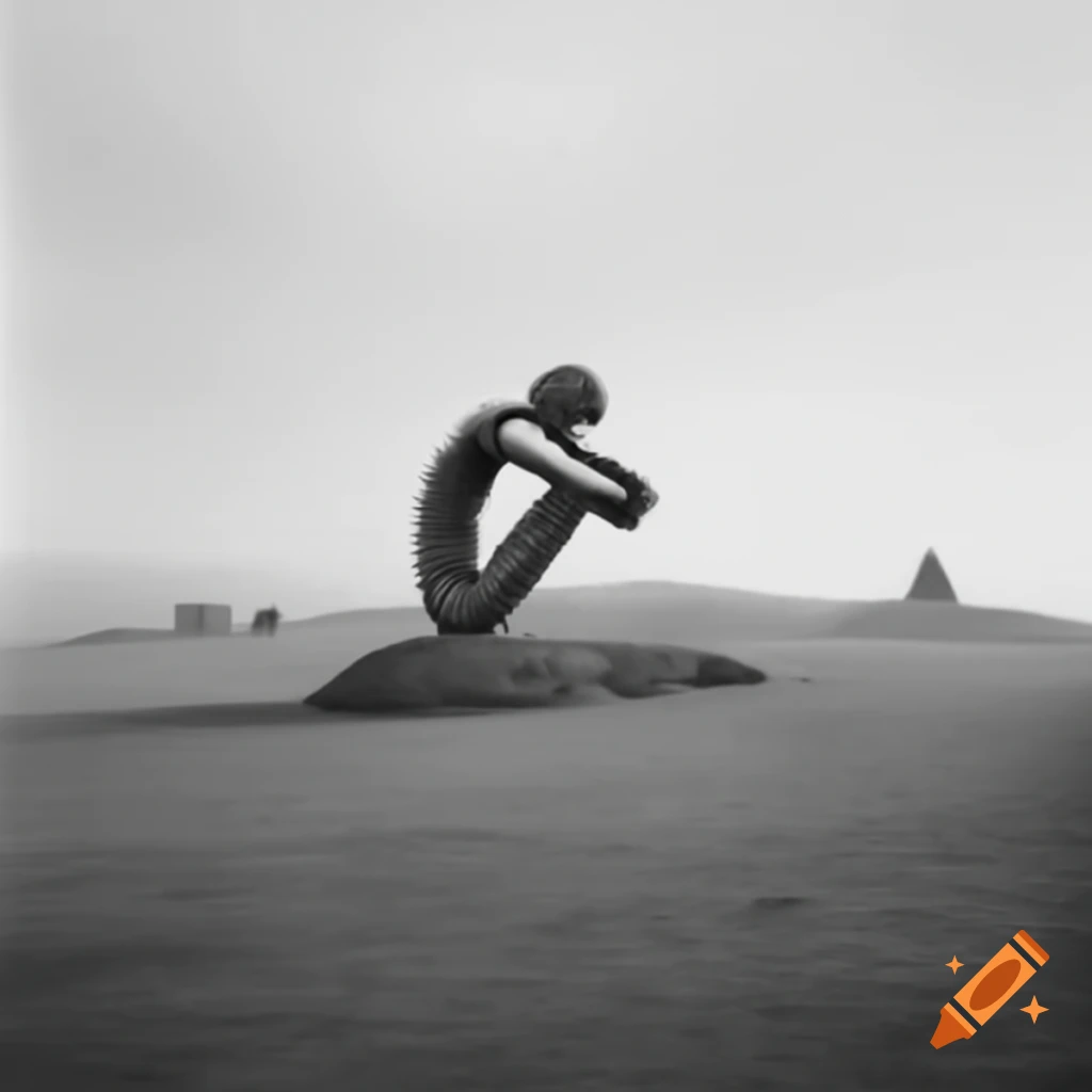 Human-shaped mountain statue in thought opposite small village