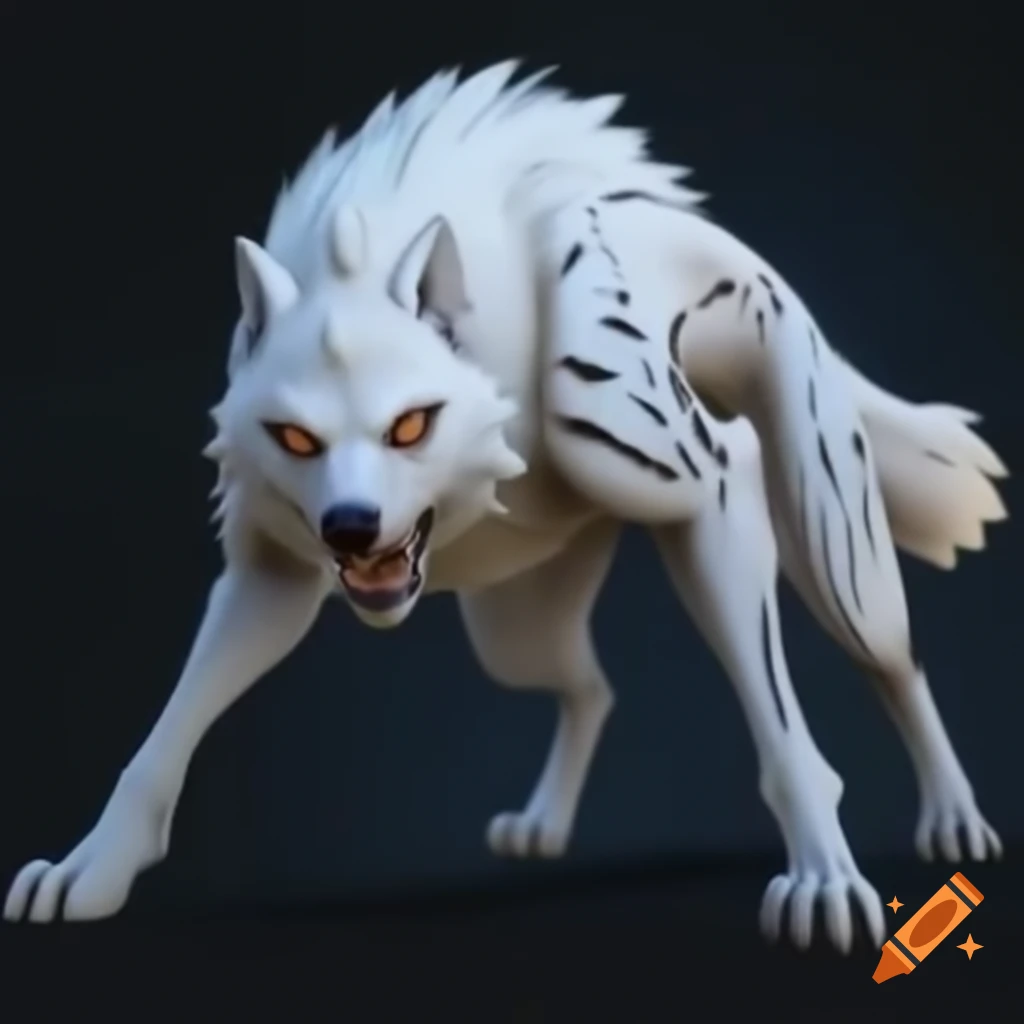 Fantastical creature with white wolf fur and hyena physique