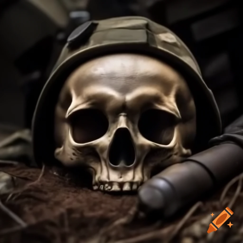 Skull of a soldier resting on battlefield