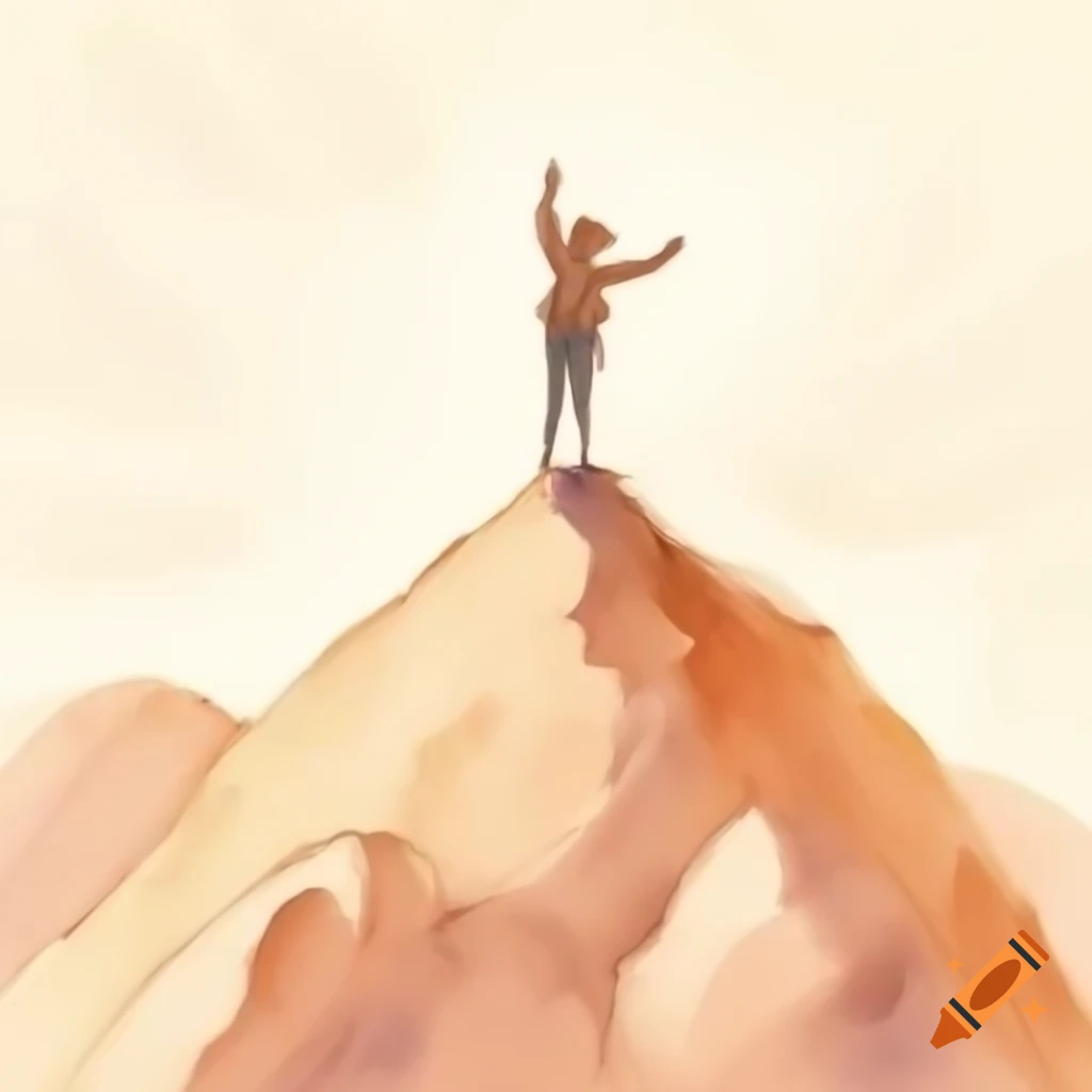 Pencil sketch of person standing on hilltop with arms raised in triumph