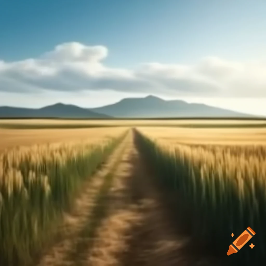 Path through wheat field with distant mountains