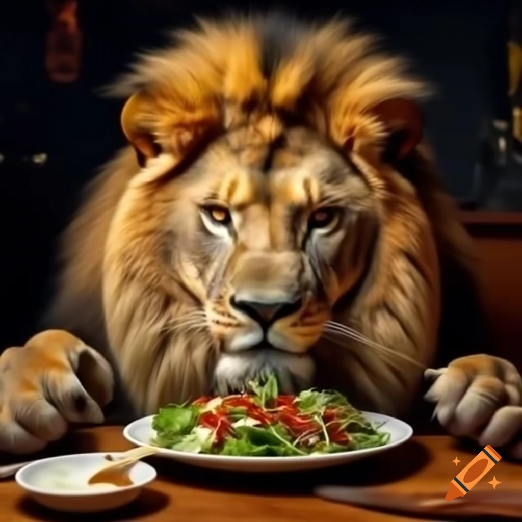 Lion eating salad in a playful setting