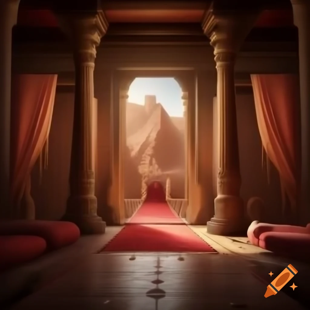 Desert palace throne room with large pillars in three-point perspective