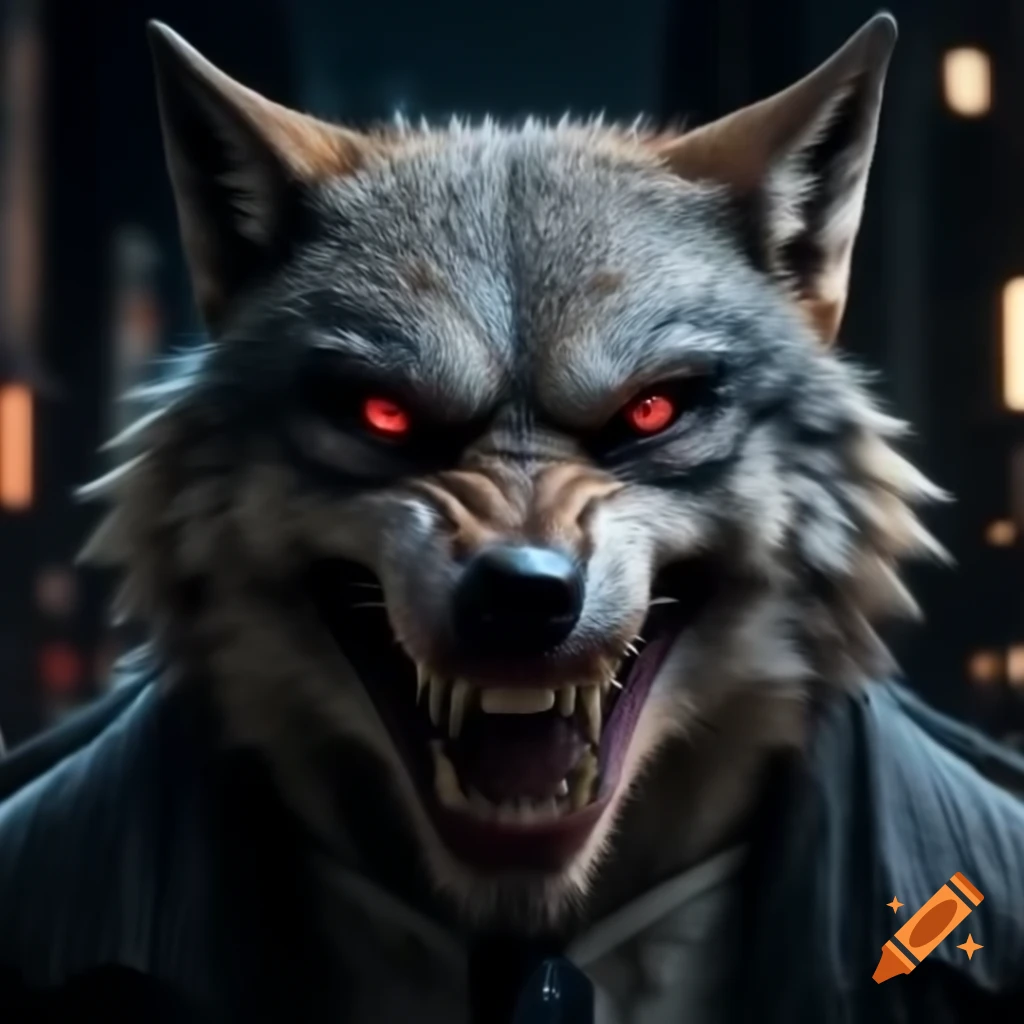 Ultra-realistic wolf with sharp teeth and red eyes in dark city setting