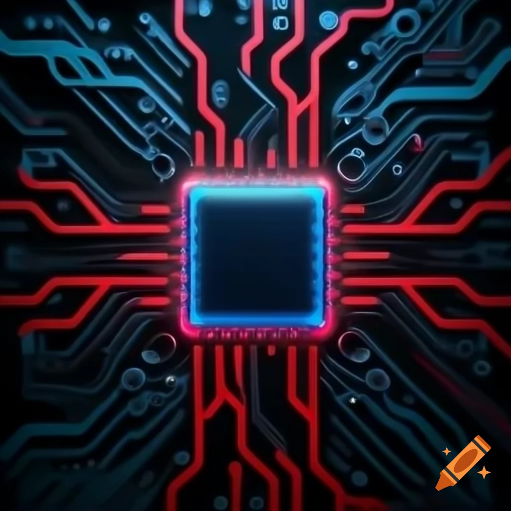 Rectangular circuit board in red and blue cyber style