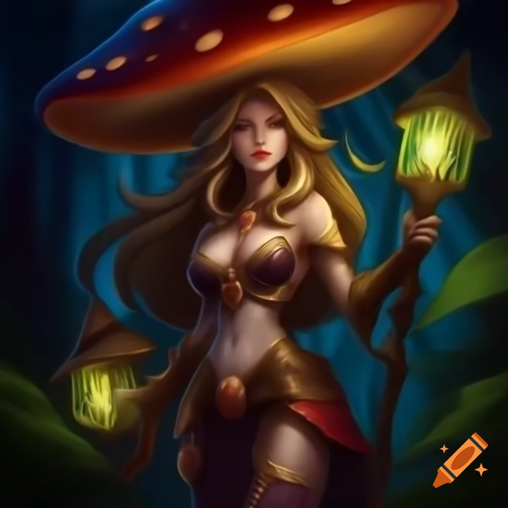 Illustration of mushroom princess in dark forest with lantern and fox