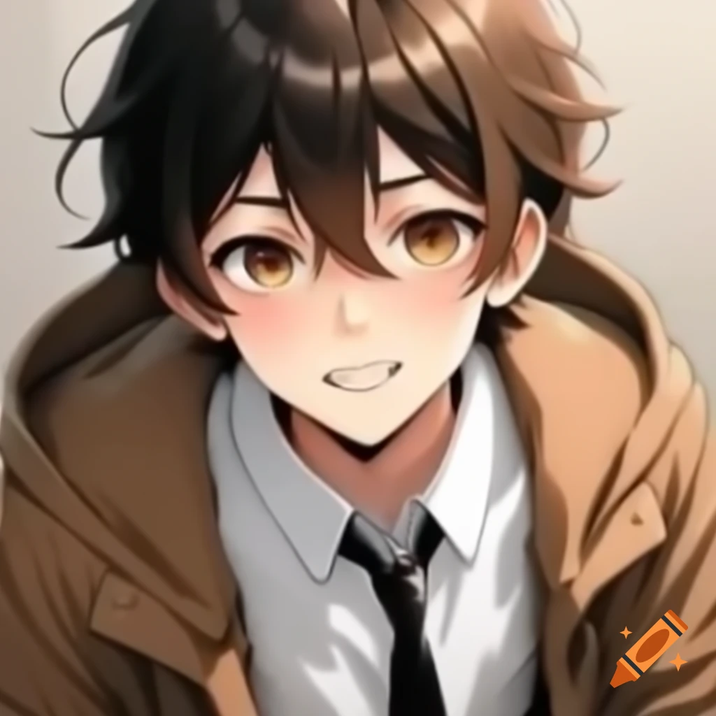 Anime boy with brown hair and eyes wearing a brown jacket and black tie, smiling shyly at the camera