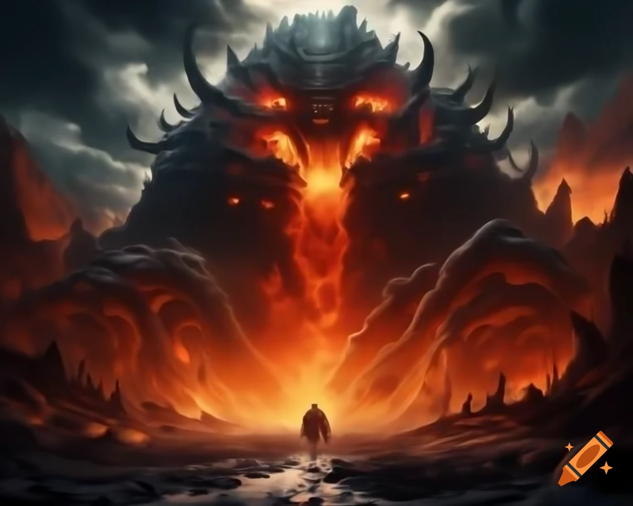 Creepy golem monster emerging from the earth, emitting smoke and lava