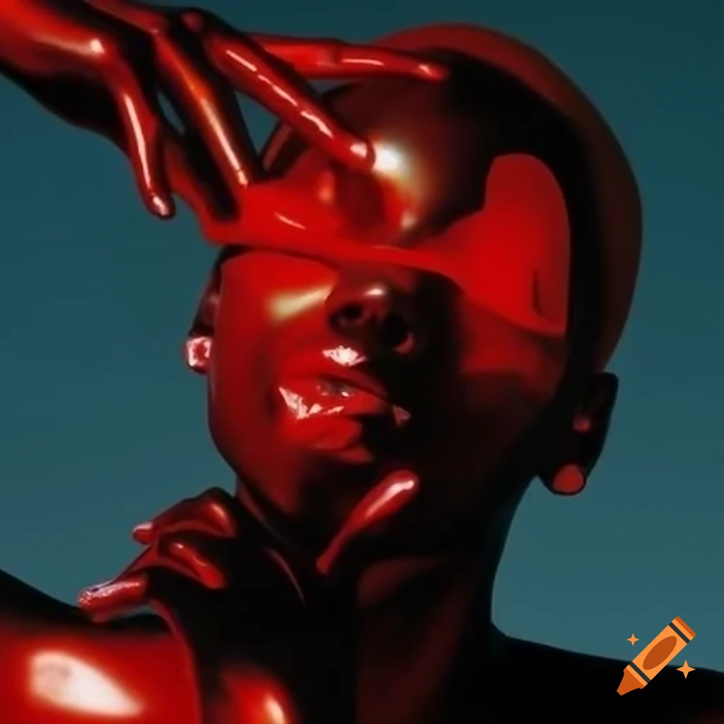 Pop surreal photography featuring iridescent red glass statue