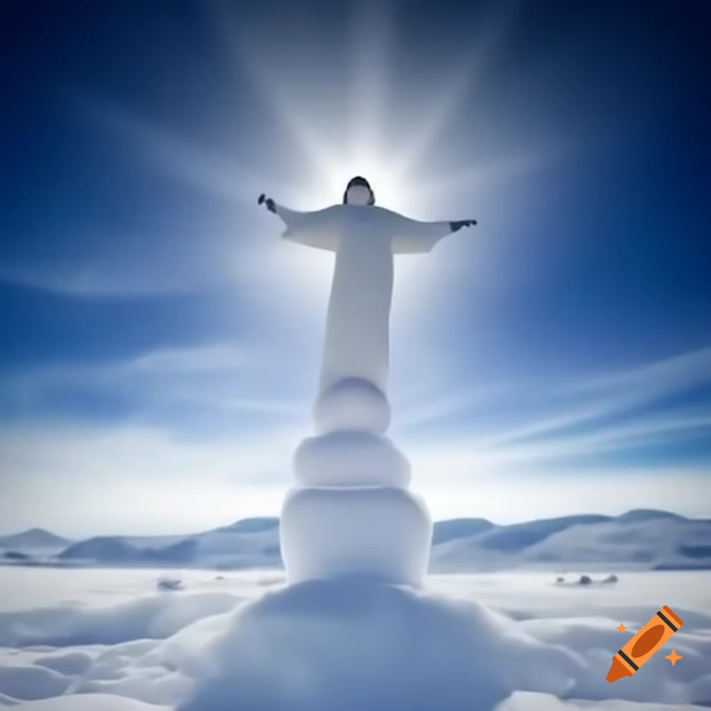 Conceptual scene of Jesus intervening in a snowman creation