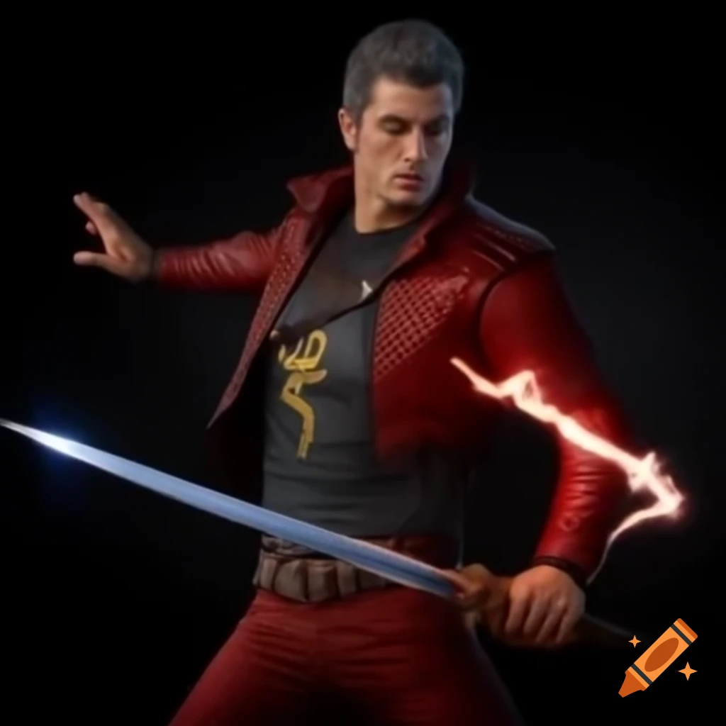 Mysterious man in red leather wielding lightning bolt shaped sword