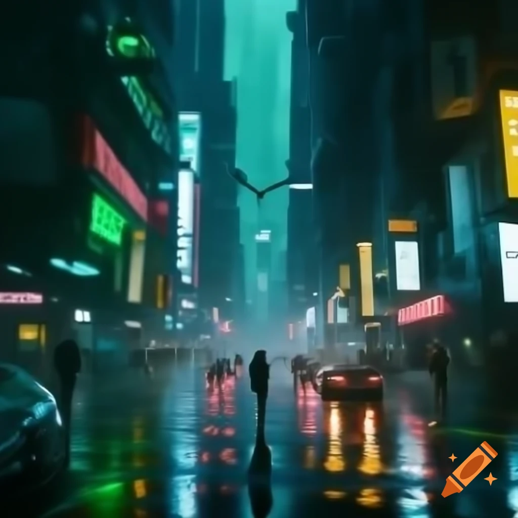 Rainy cyberpunk avenue at night with green neon lights and futuristic cars